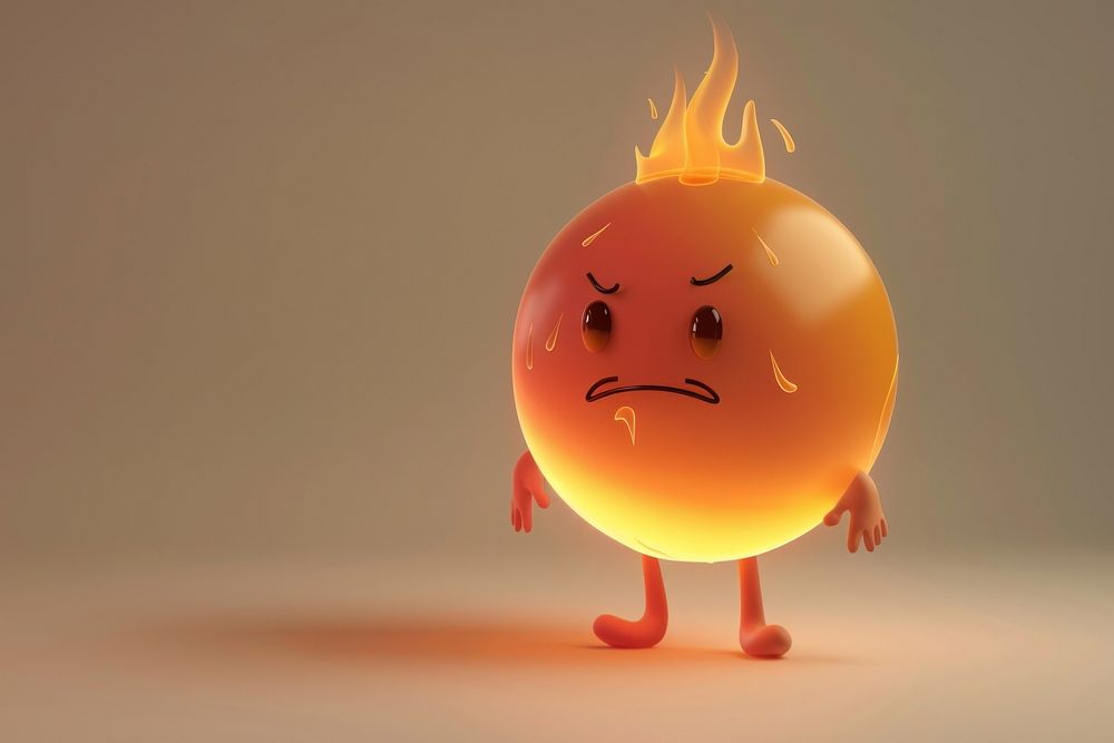 Sad global warming character cartoon burning fire.