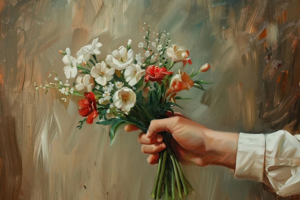 Close up woman hand holding flower bouquet painting plant adult.
