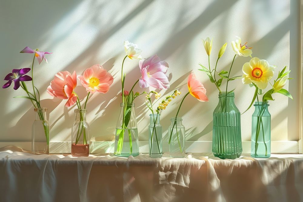 Flowers glass vase with various pastel colors flower table window.