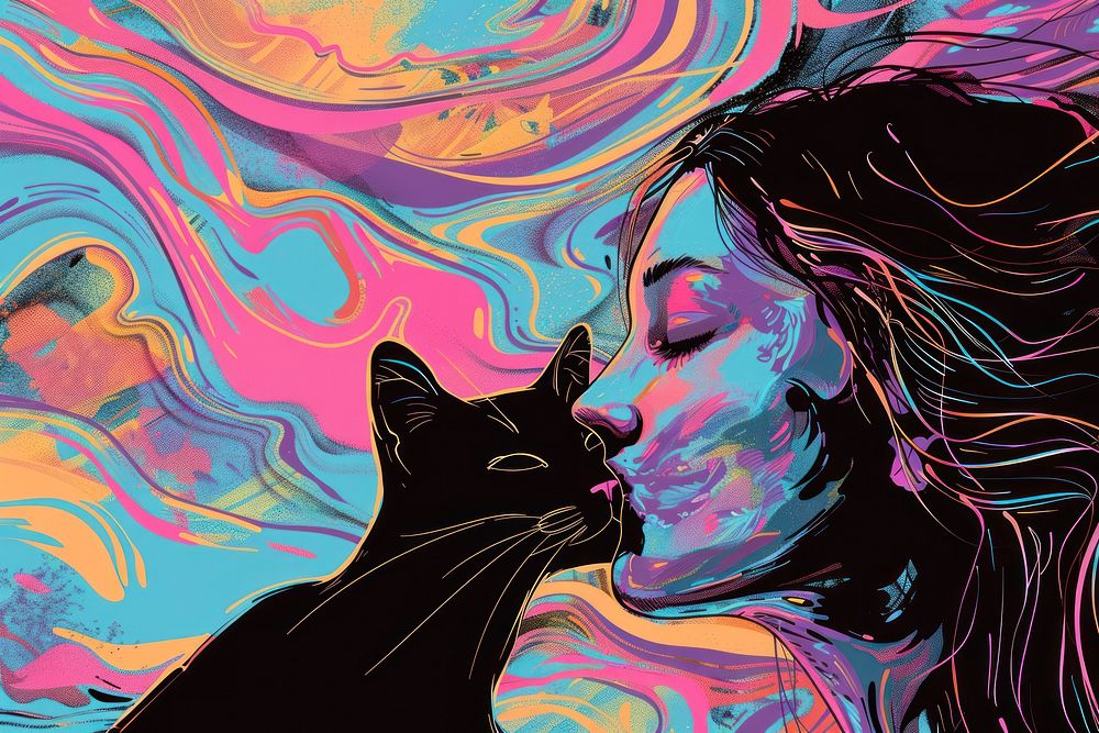 Girl kissing cat painting art graphics.