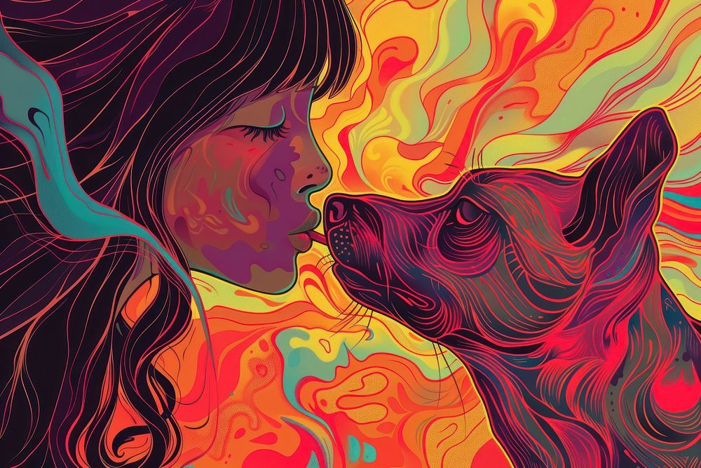Girl kissing dog painting art graphics.