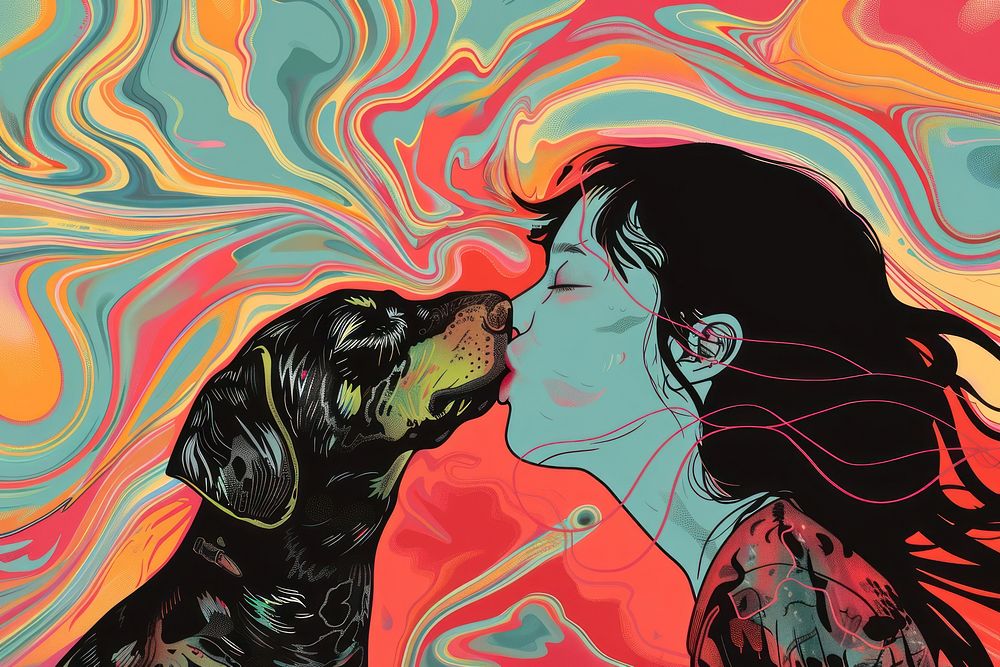 Girl kissing dog art painting graphics.