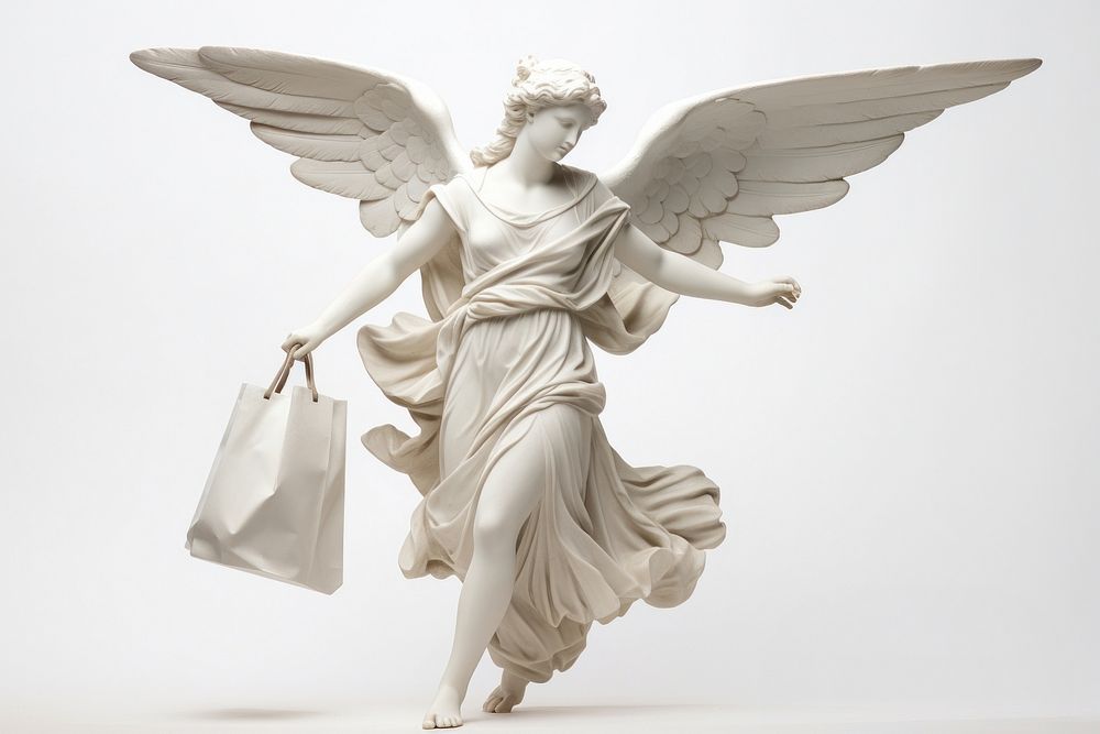 Greek sculpture angel white bag representation.