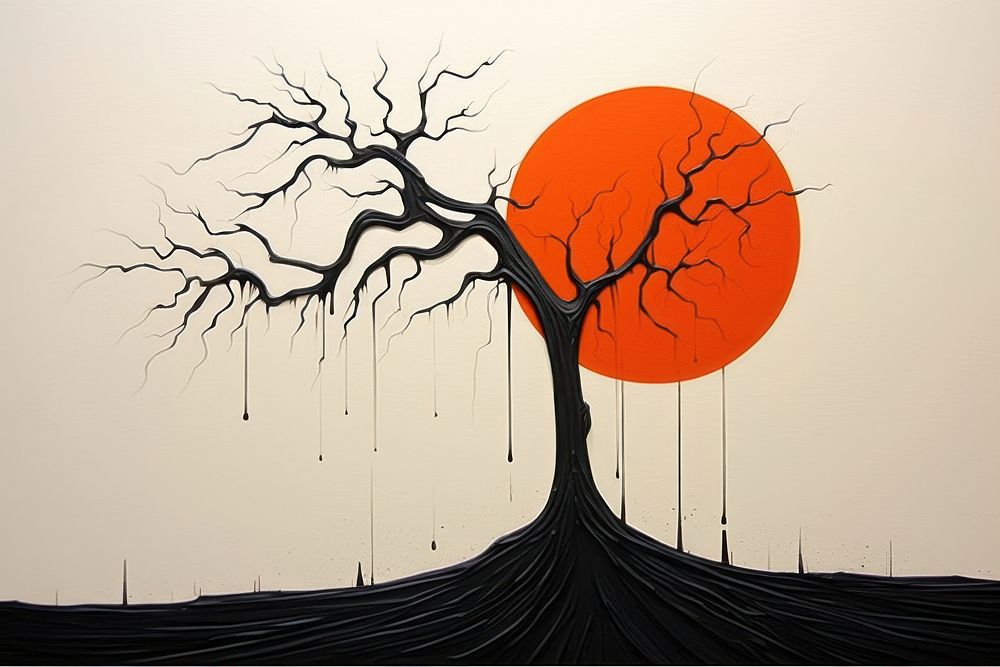 Abstract black and orange tree ripped paper art silhouette outdoors.