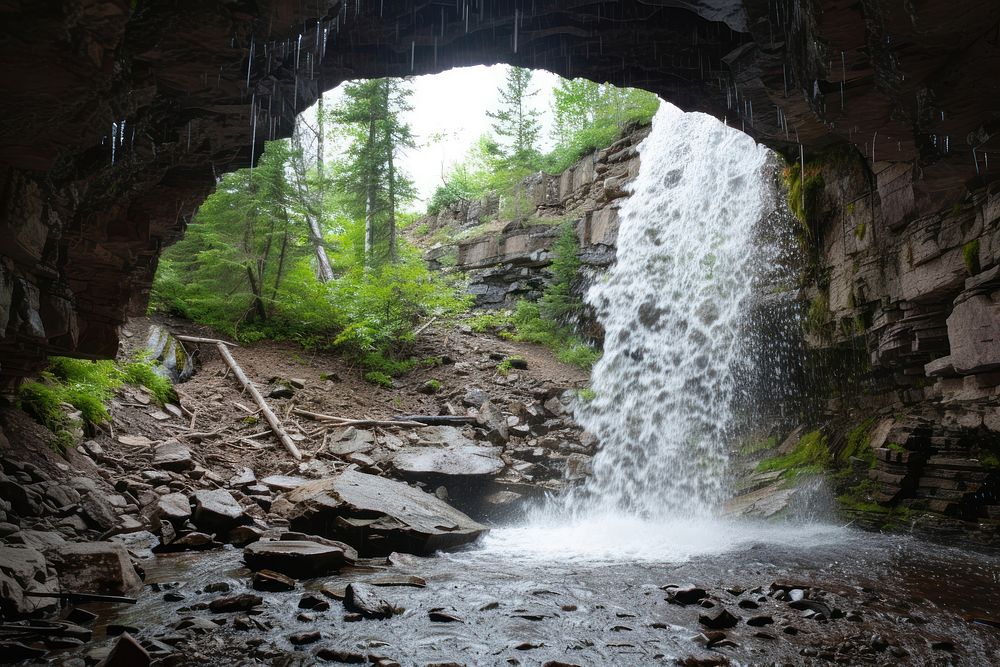 The waterfall coming out of a cave land architecture outdoors.