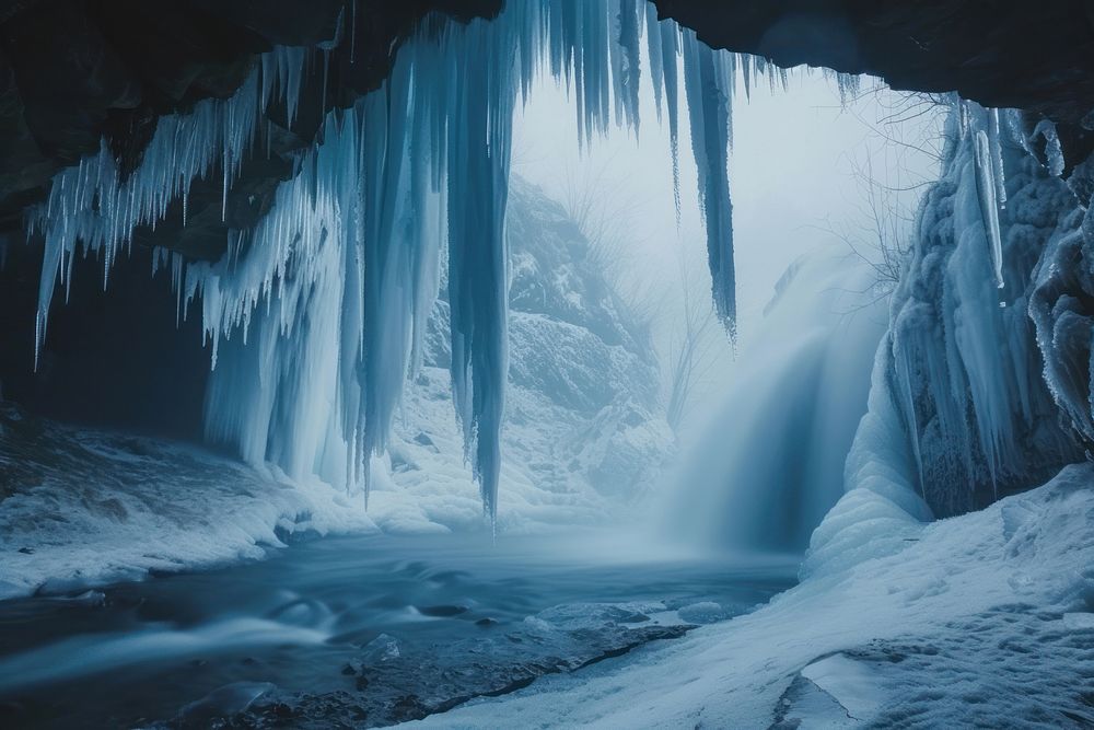 The waterfall coming out of a cave ice outdoors nature.
