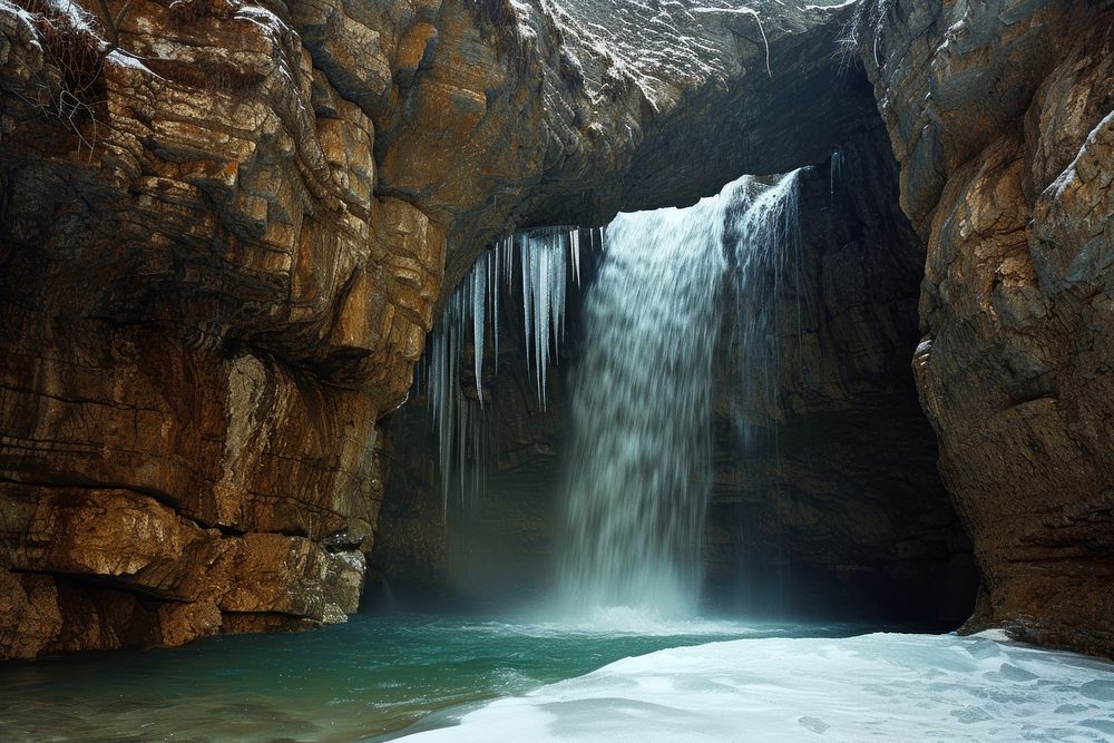 The waterfall coming out of a cave outdoors nature rock.