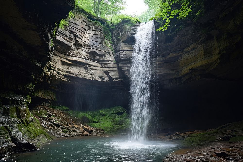 The waterfall coming out of a cave land outdoors nature.