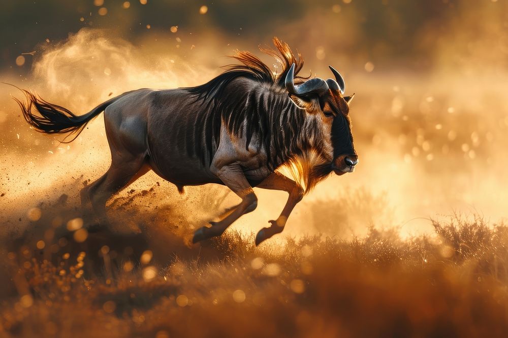 Wildebeest running across Mlilwane Wildlife Sanctuary savannah wildlife livestock outdoors.