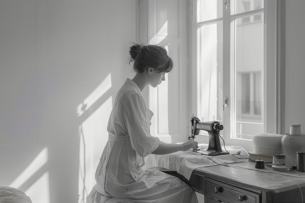 Woman using sewing machine sitting adult white.