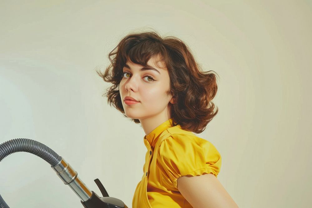 Woman holding vacuum portrait photo photography.