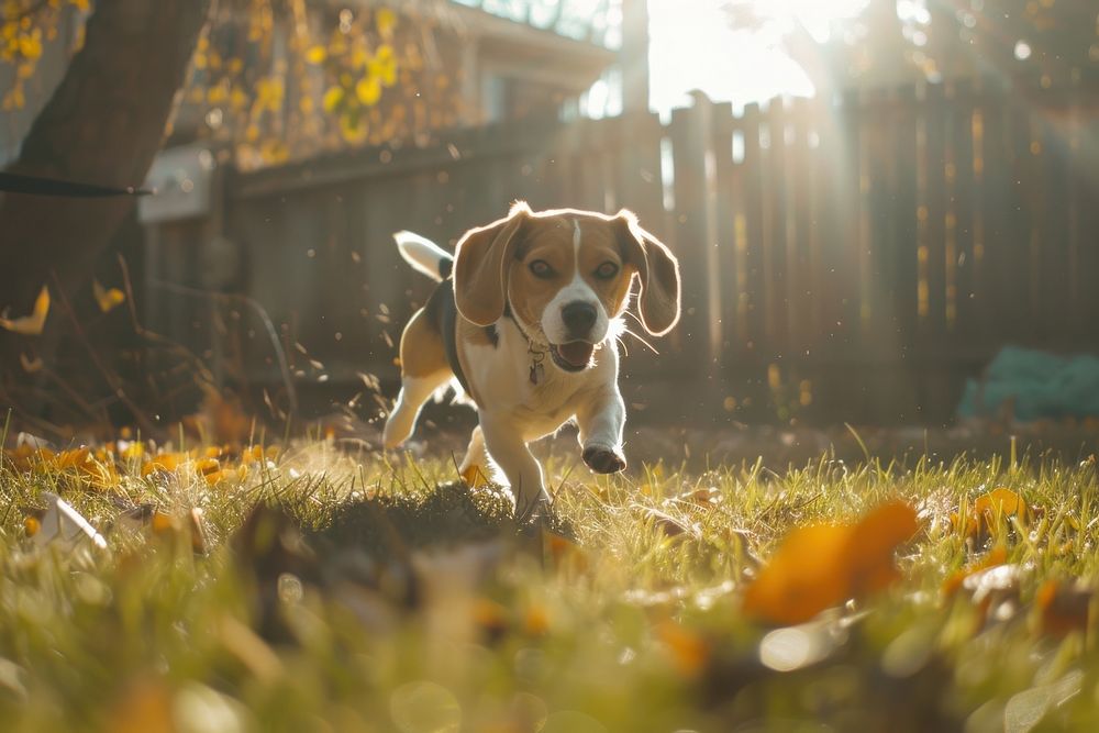 A Beagle dog running in the backyard beagle sunlight outdoors.