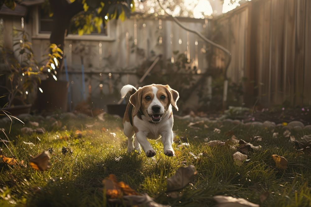 A Beagle dog running in the backyard beagle outdoors animal.