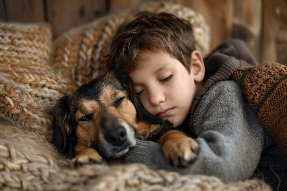 A boy cuddling a dog photography sleeping portrait.