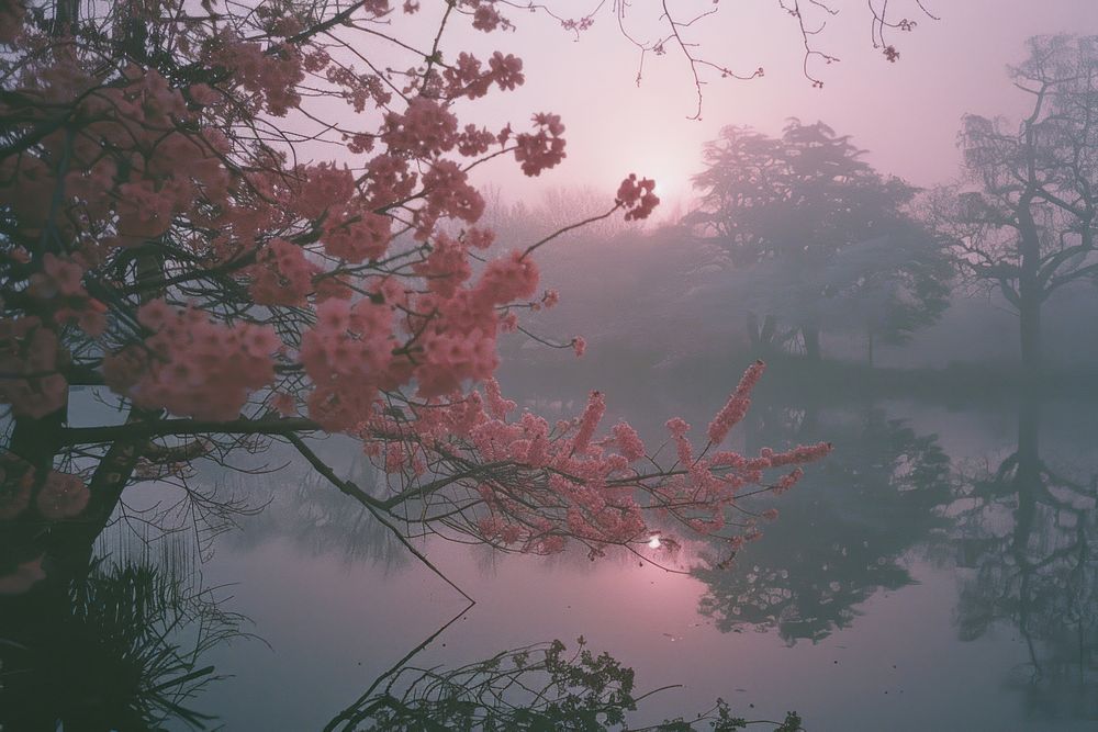 Cherry blossom landscape outdoors sunrise.