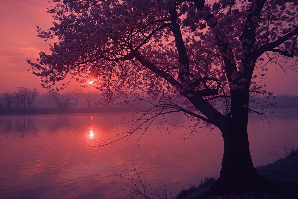 Cherry blossom landscape outdoors sunrise.