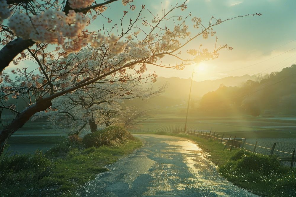 Cherry blossom sunrise landscape sunlight.