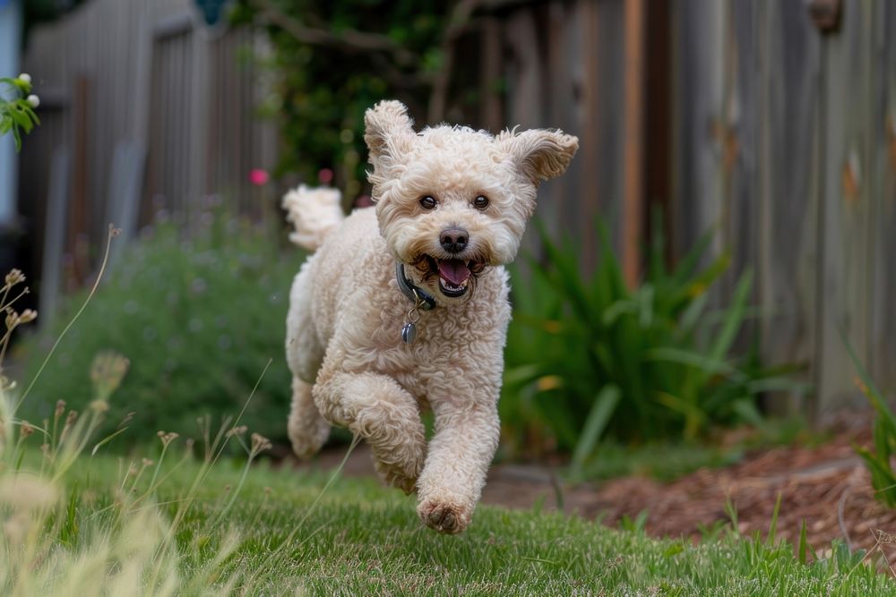 A dog running in the yard outdoors animal mammal.