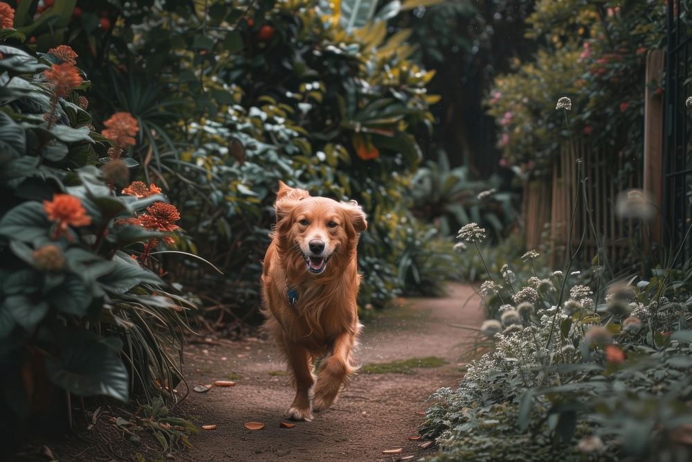 A dog running in the garden outdoors mammal animal.