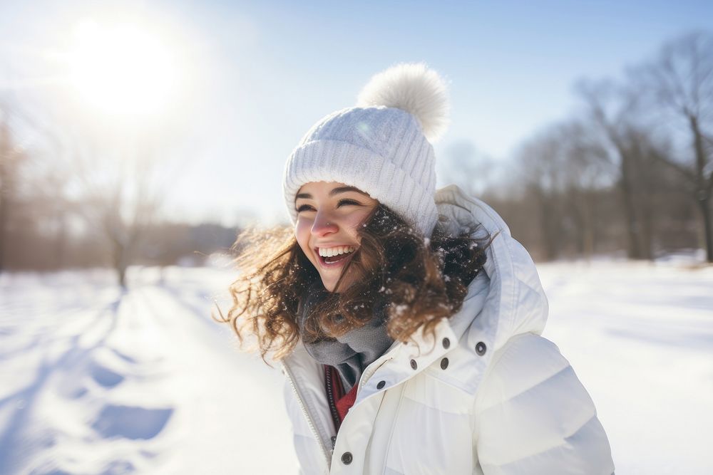 Happy girl walking snow coat cheerful.