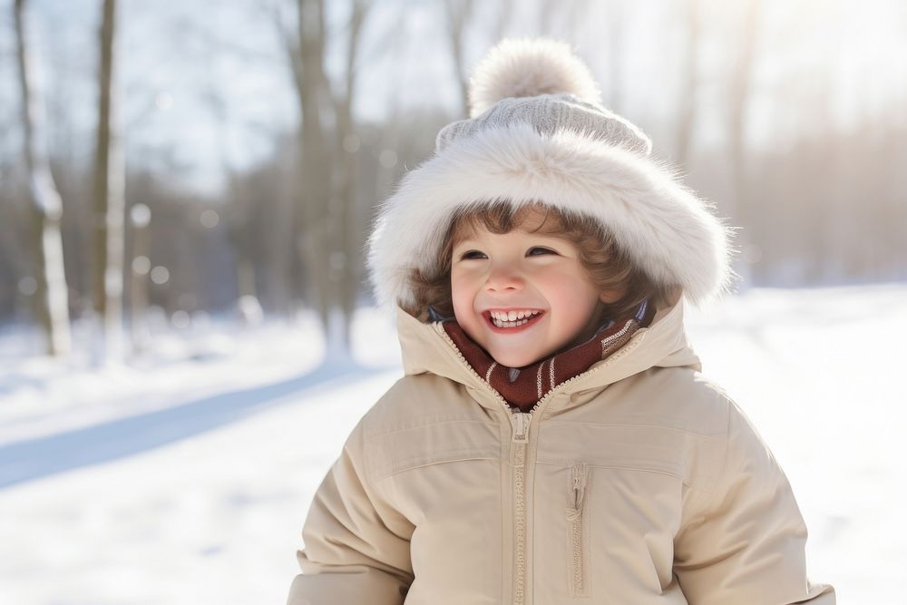 Happy kid walking coat snow cheerful.