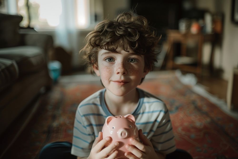Kid holding piggy bank portrait child photo.