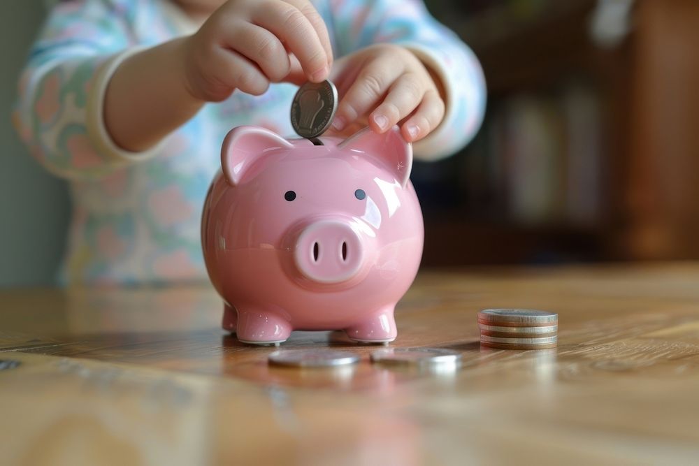 Kid puts a coin in a pink piggy bank representation investment medication.