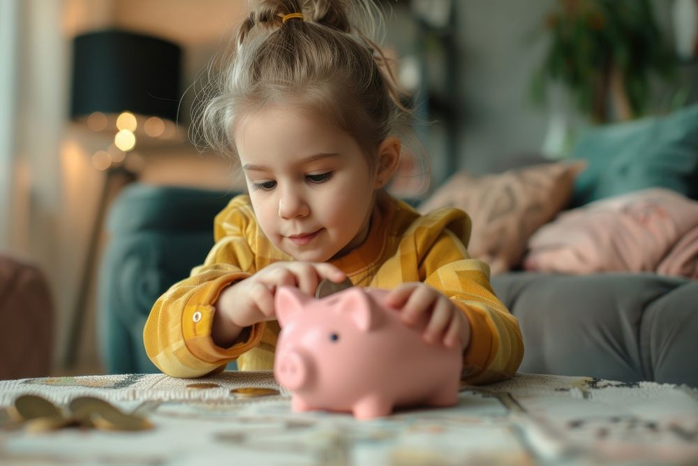 Kid puts a coin in a pink piggy bank child investment innocence.