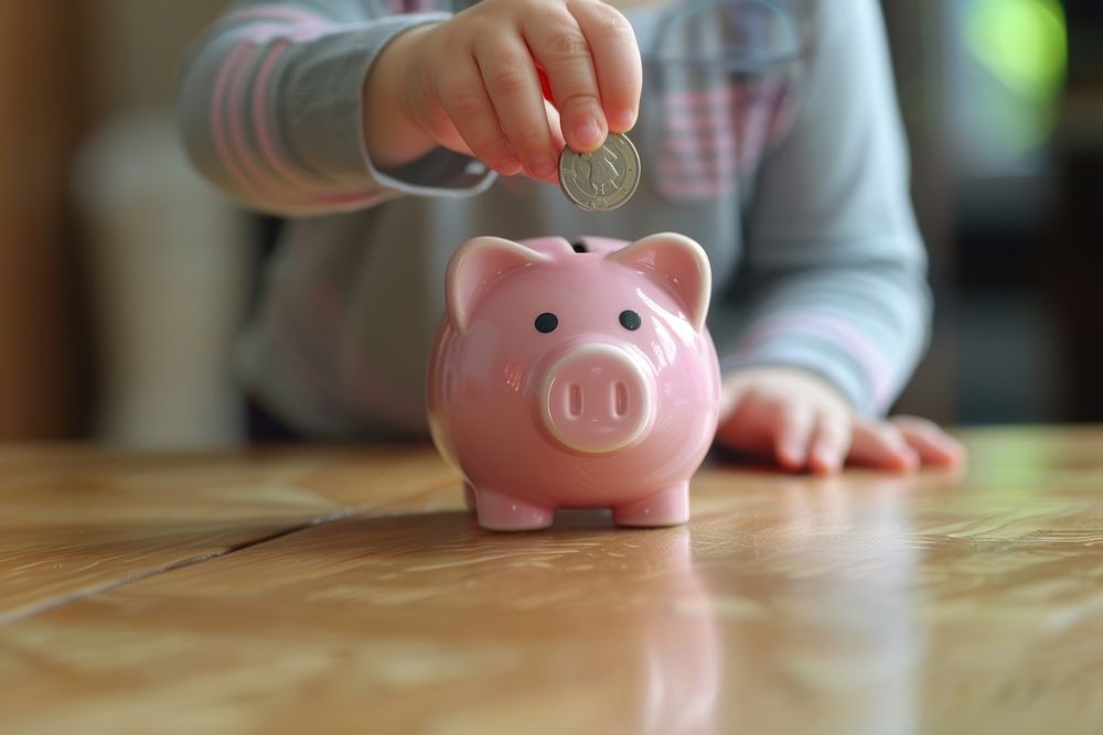 Kid puts a coin in a pink piggy bank representation investment currency.