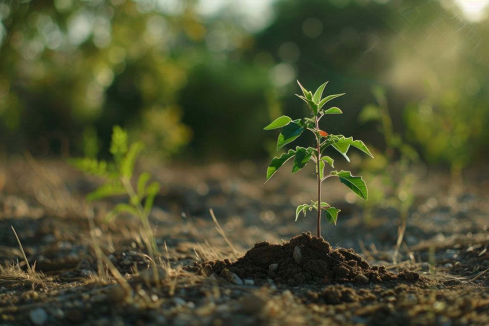 A plant rising out of the dirt outdoors field green.