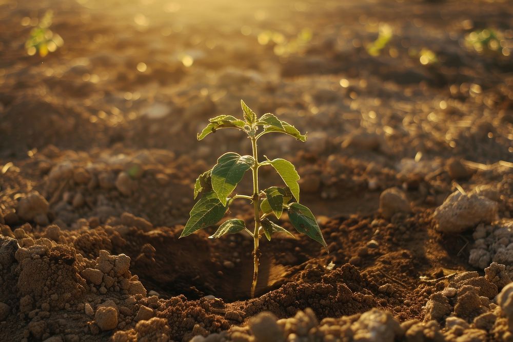 A plant rising out of the dirt field soil leaf.