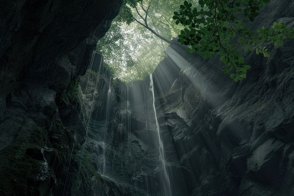 A waterfall coming from the top of a cave landscape sunlight outdoors.