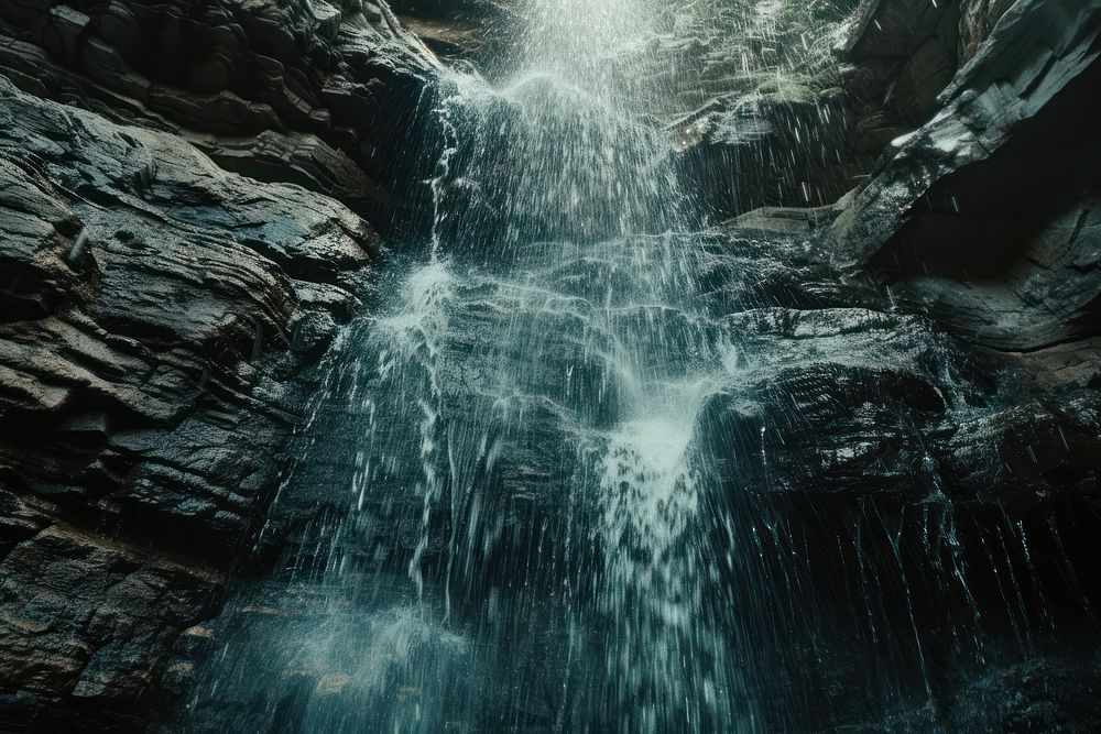 A waterfall coming from the top of a cave outdoors nature rock.
