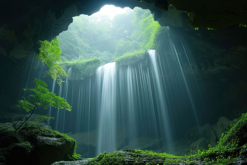 A waterfall coming from the top of a cave outdoors nature plant.
