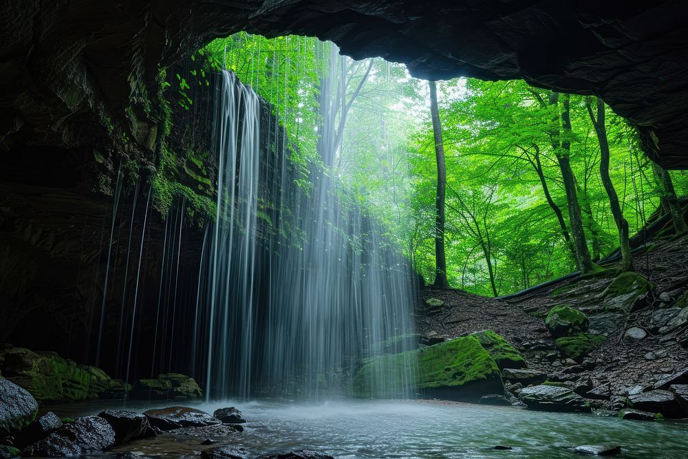 A waterfall coming from the top of a cave outdoors woodland nature.