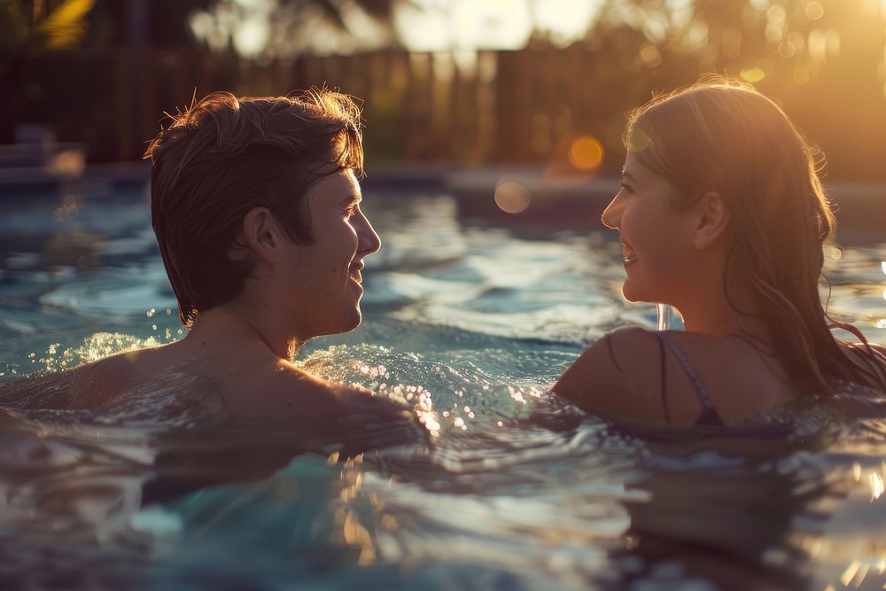 Boyfriend and girlfriend enjoying together in swimming pool sports sun day.
