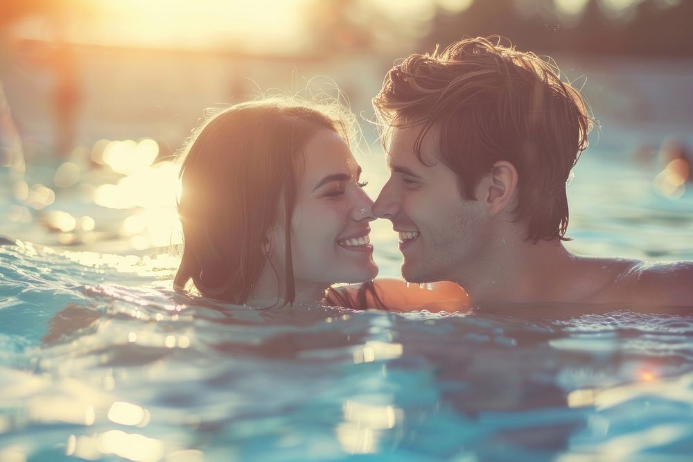 Boyfriend and girlfriend enjoying together in swimming pool portrait outdoors sports.