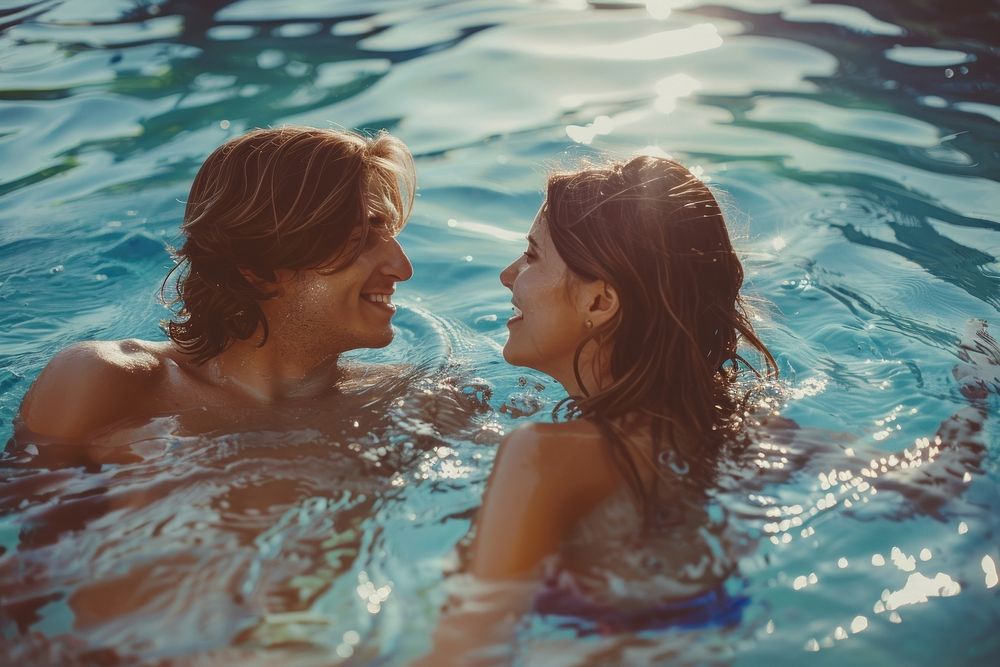 Boyfriend and girlfriend enjoying together in swimming pool bathing sports adult.
