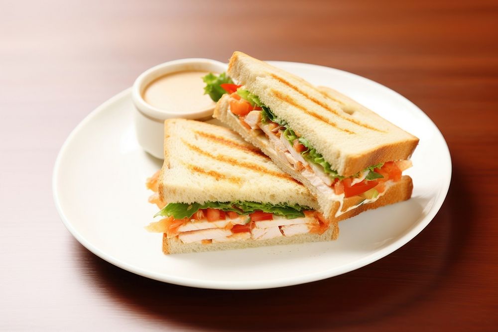 Chicken wheat sandwich on dish bread lunch food.