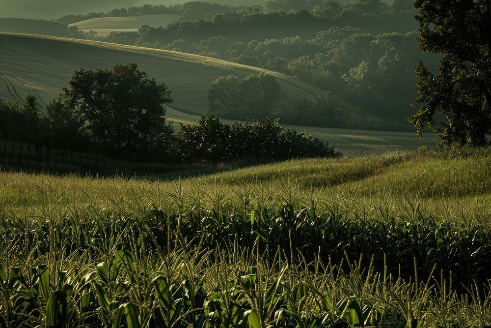 Corn field landscape agriculture grassland outdoors.