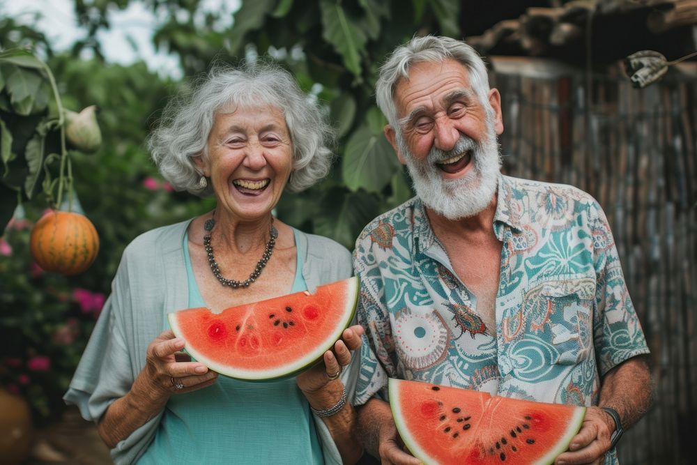 Elderly couple laughing watermelon holding adult.