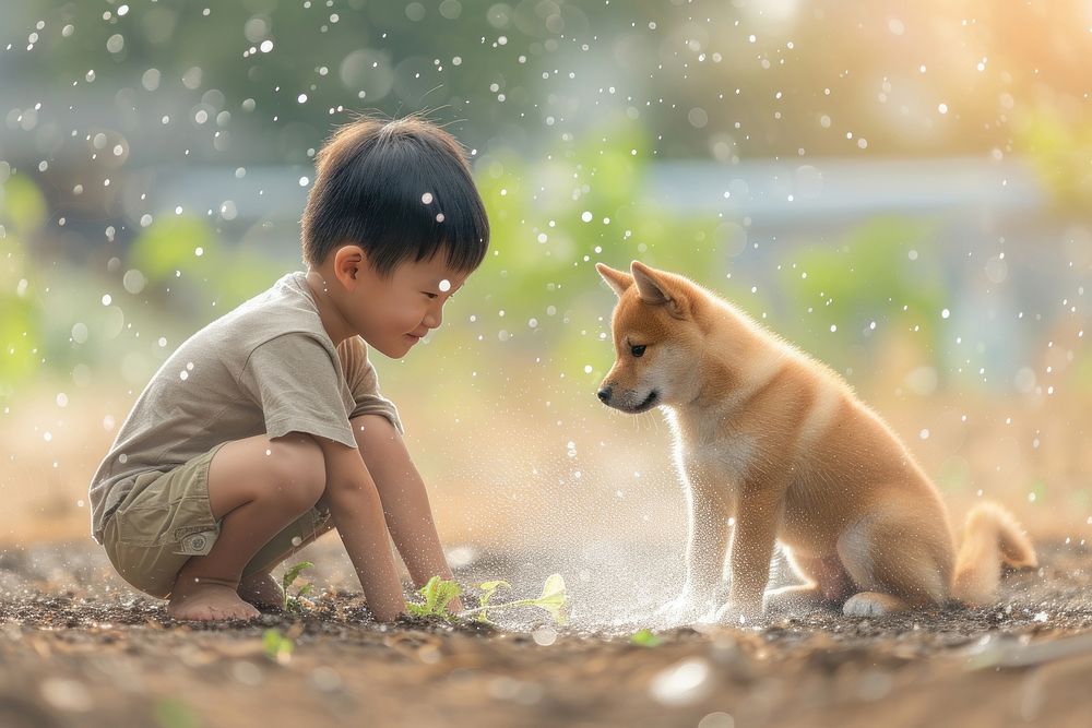 Family kid and puppy gardening photography outdoors mammal.