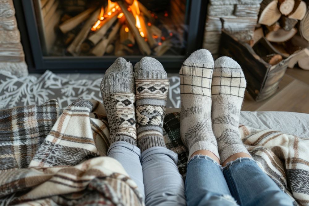 Christmas fireplace sock blanket togetherness.