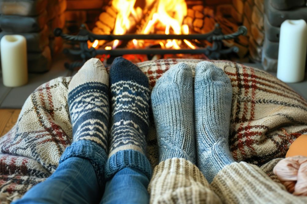 Christmas fireplace sock blanket togetherness.