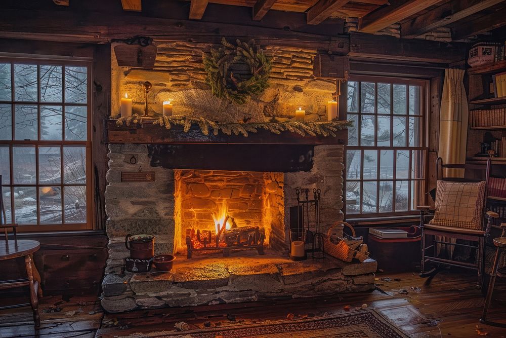 Fireplace furniture cottage hearth.
