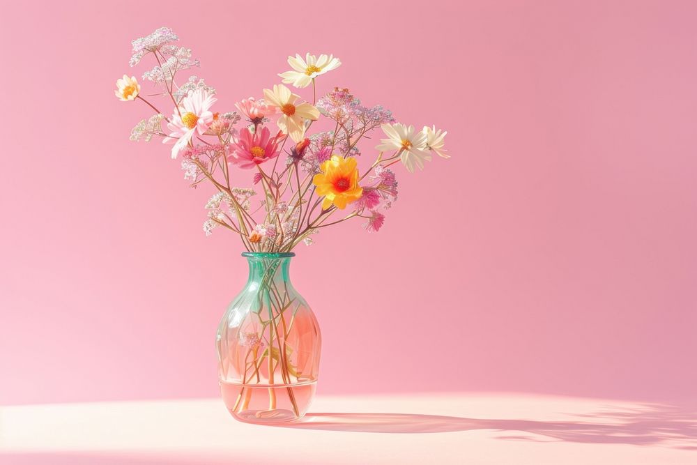 Flowers glass vase with various pastel colors flower petal plant.