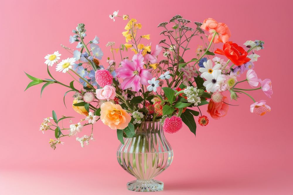 Flowers glass vase with various pastel colors flower plant rose.