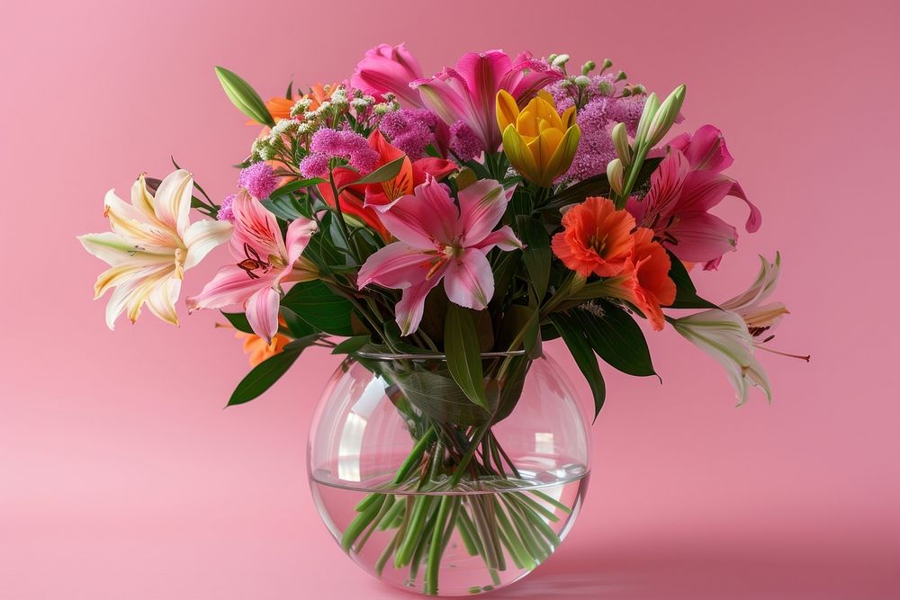 Flowers glass vase with various pastel colors flower plant pink.