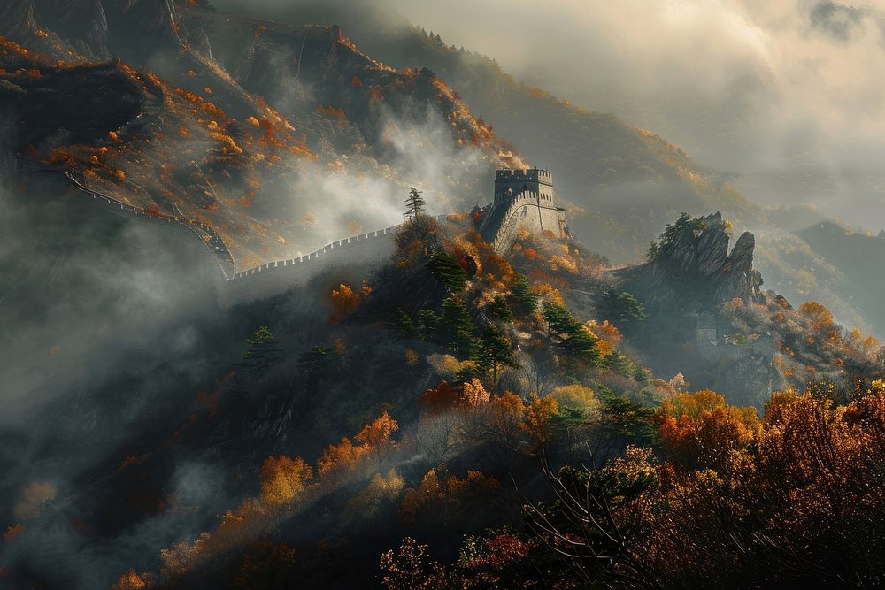Great Wall of China landscape architecture tranquility.