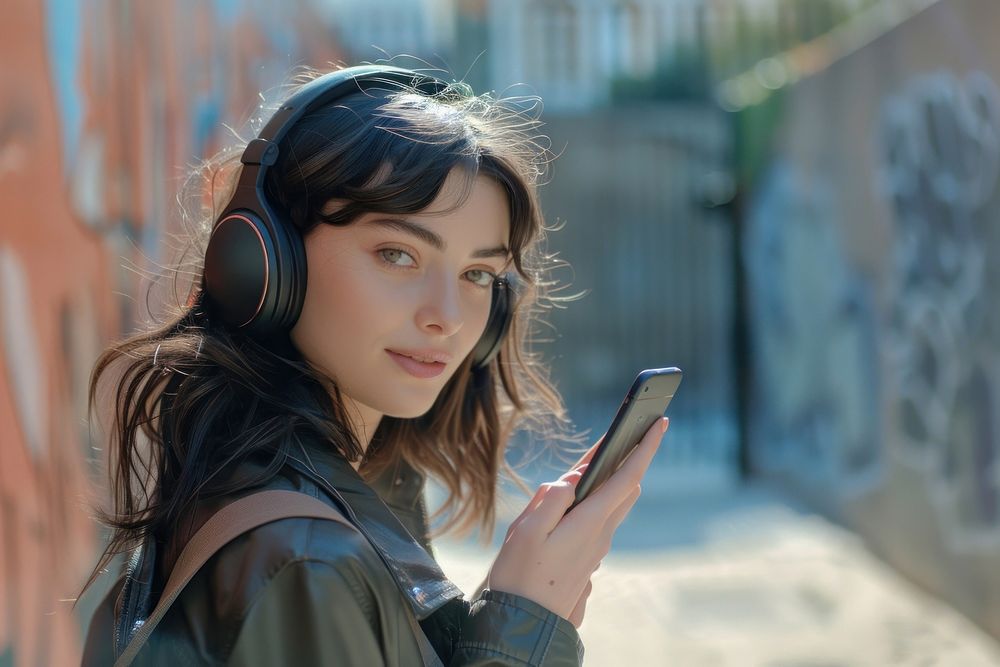 Happy young woman headphones listening headset.
